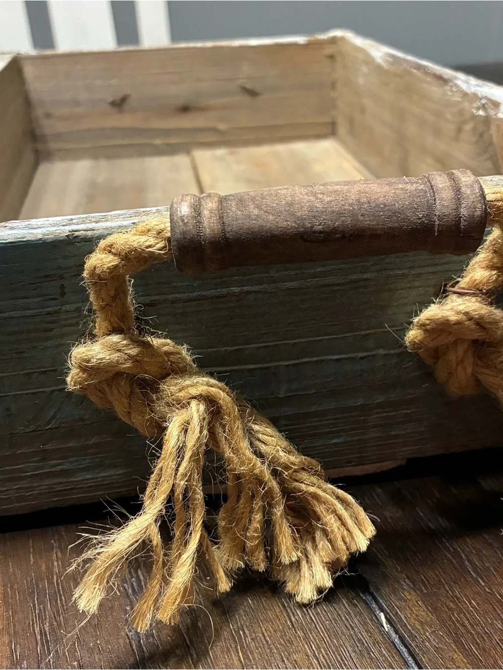 Farmhouse Painted Wood Rectangle Serving Tray Rope Handles Brown White Blue